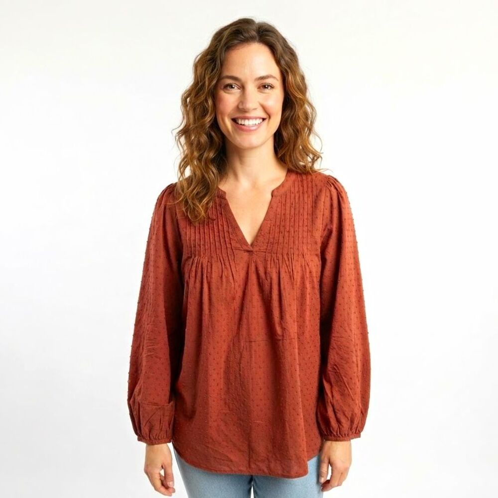 Old Navy Peasant Top 2XL  V-Neck Pullover  Brown Puff Slv Dotted swiss hippie